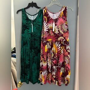Vibrant Sleeveless Midi Dresses - Green and Burgundy
